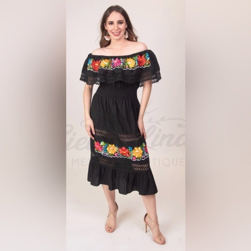 Mexican hand embroidered artesian black floral dress Off Shoulder Cotton Medium - Picture 12 of 12